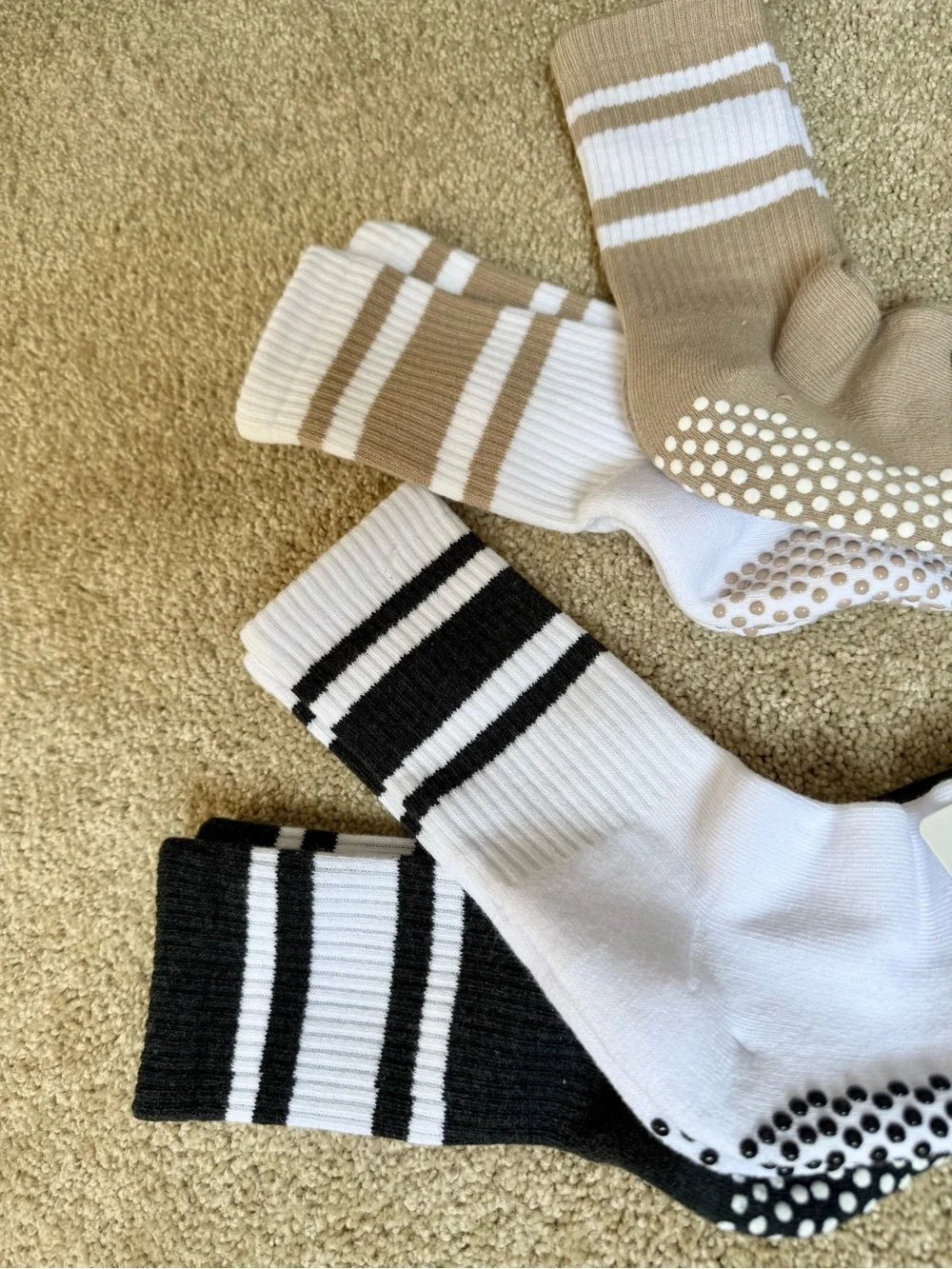 NEW BALANCE COLLECTION Striped Grip Crew Non Slip Socks - Black, & Tan Mid Crew
